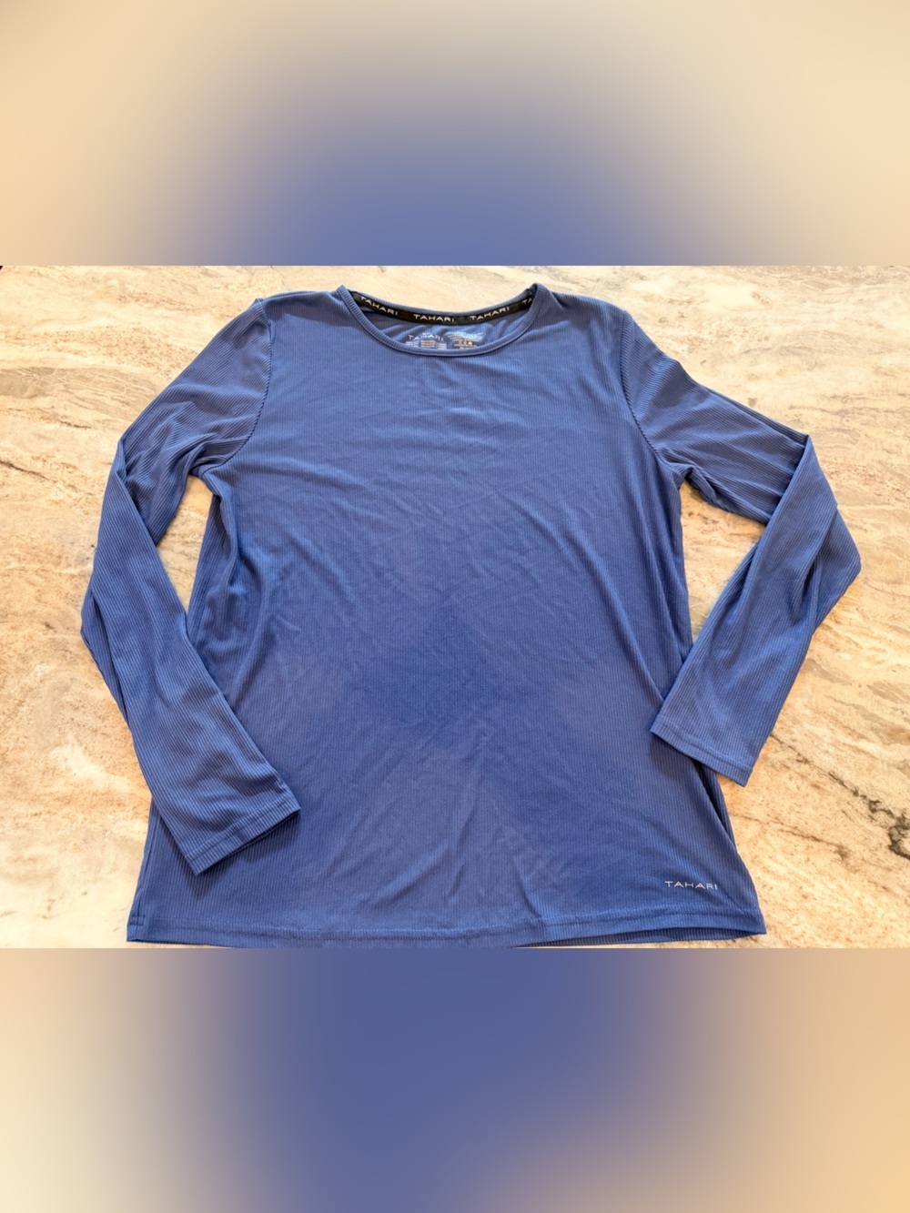 Tahari Medium Blue Ribbed Performance Long Sleeve Athletic Workout Top